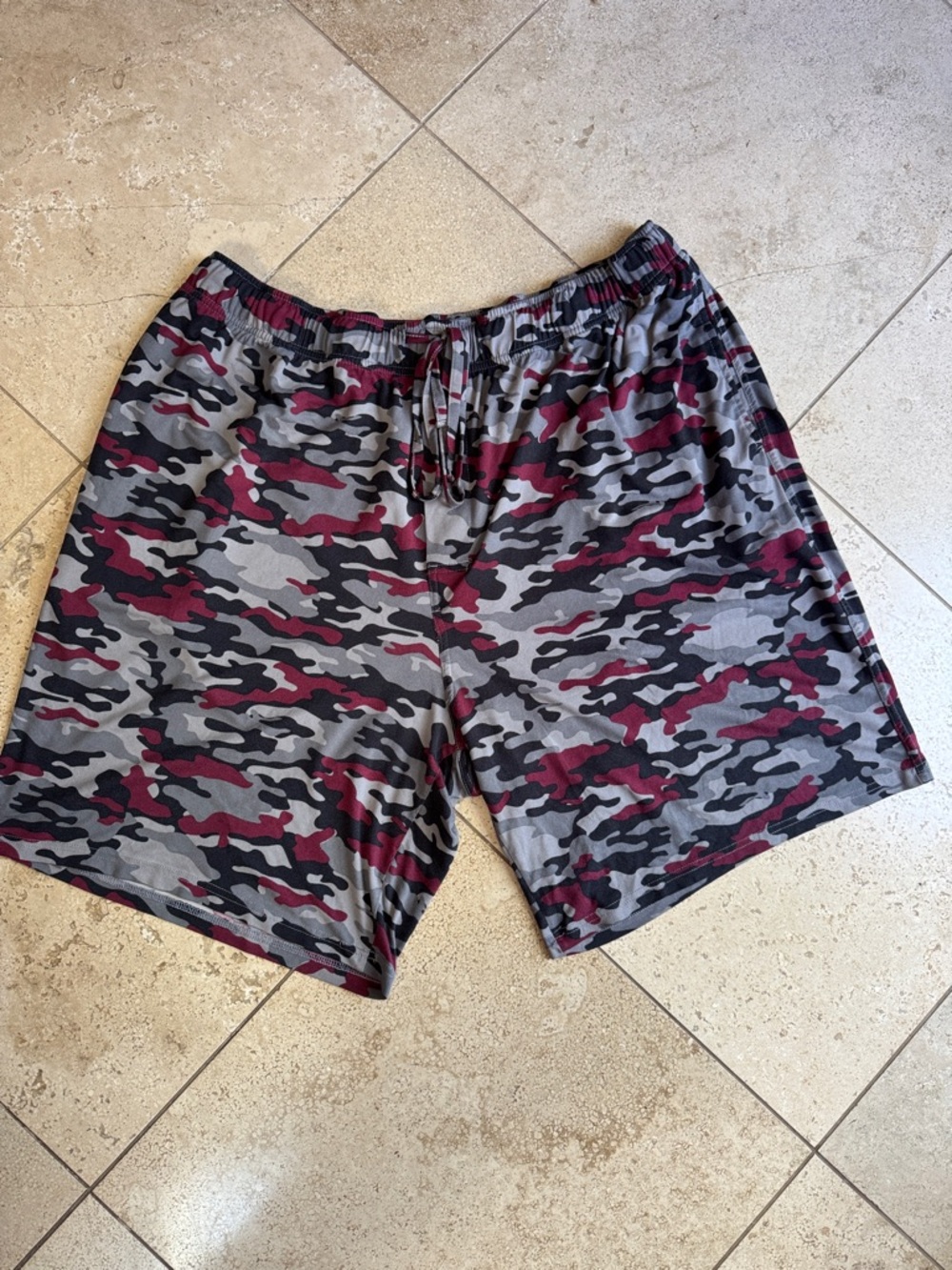 Men's Camo Drawstring Shorts in Gray and Burgundy